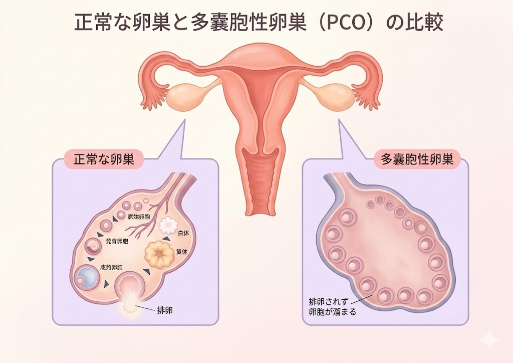 正常な卵巣と多嚢胞性卵巣の比較